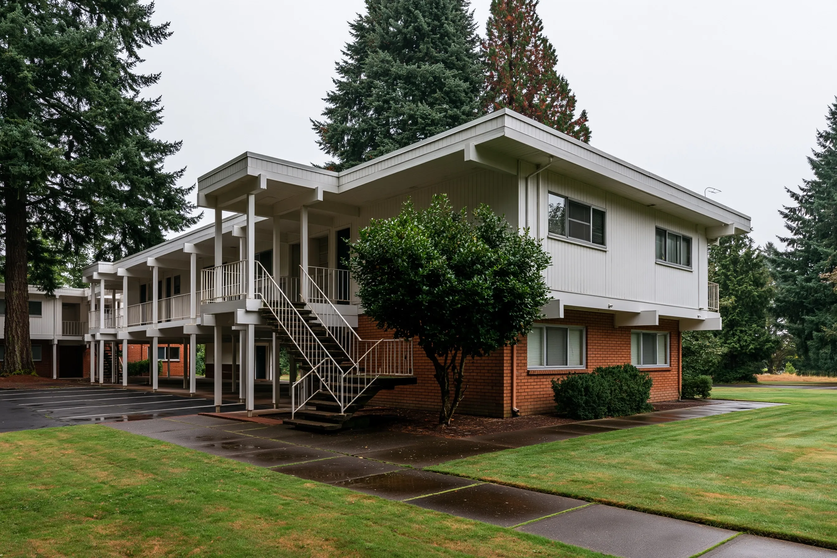Two-story 1960s garden apartment building with exterior walkways, wood siding and brick, under an overcast sky
