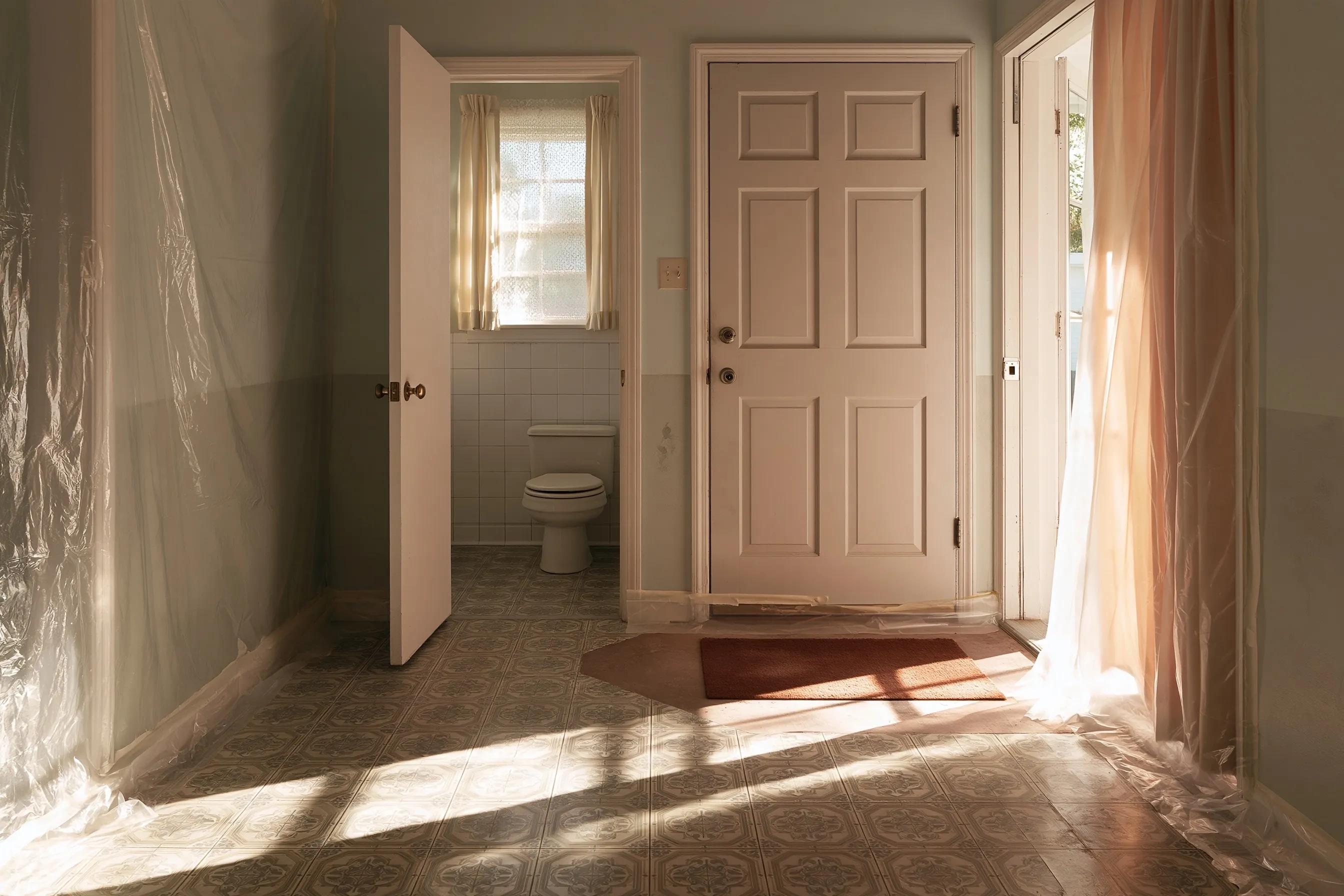 Front hall with patterned sheet vinyl, plastic taped over the walls and the half bath door open