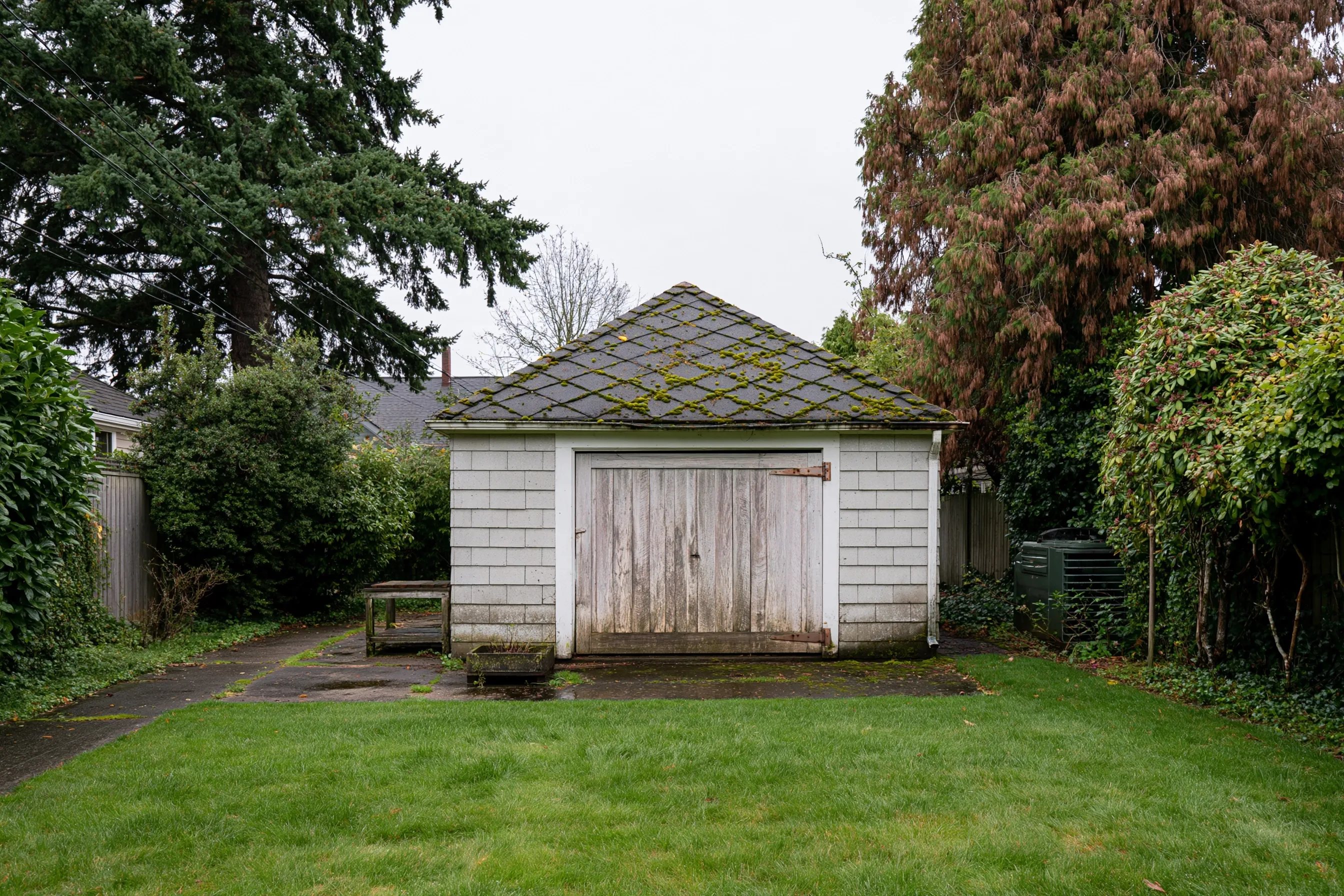 Old single garage standing apart from the house, moss growing on its gray cement roof shingles, cement siding on the walls