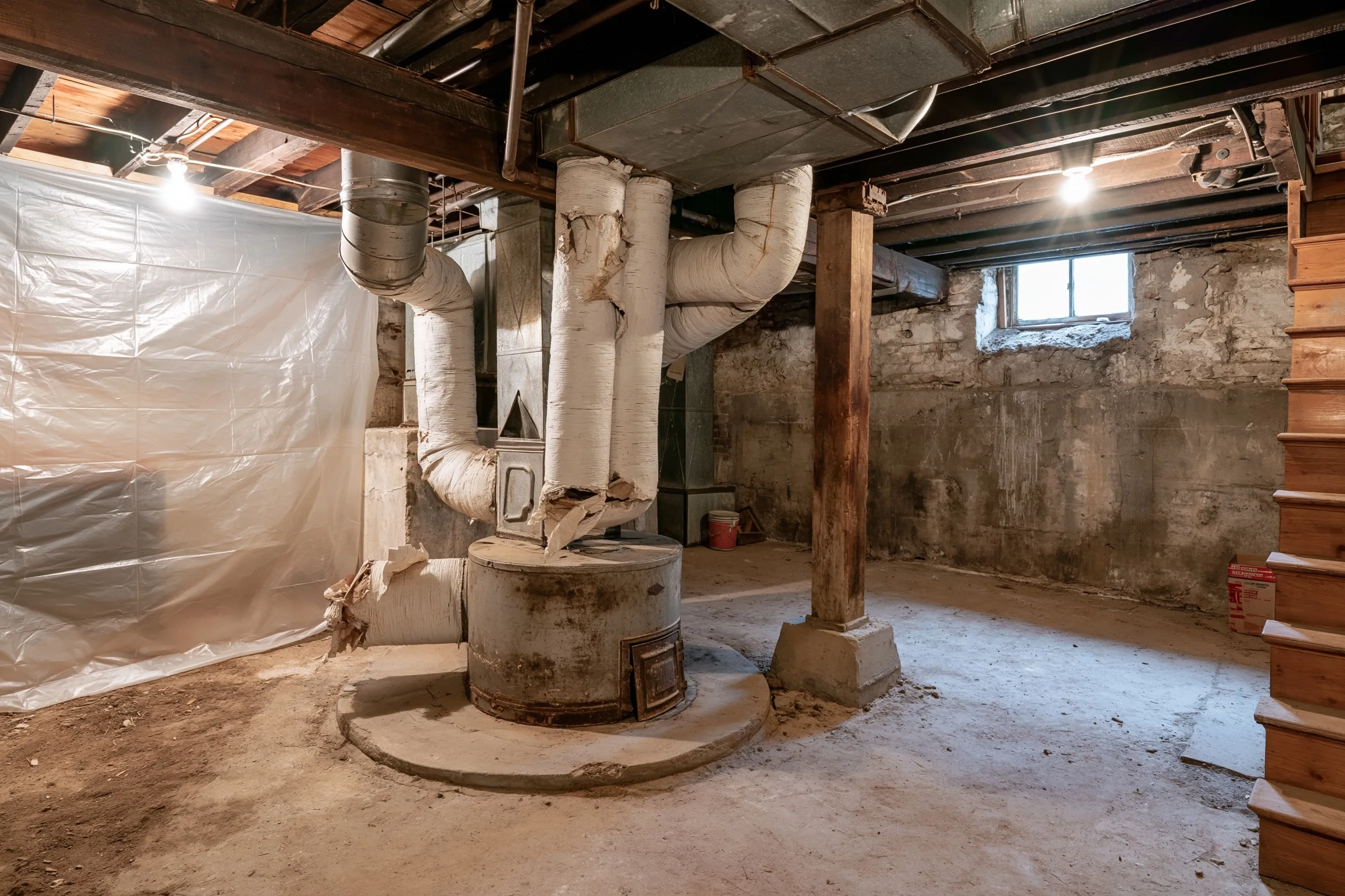 Unfinished stone-walled basement with a squat old furnace and fat ducts covered in white wrapping reaching up to the floor above