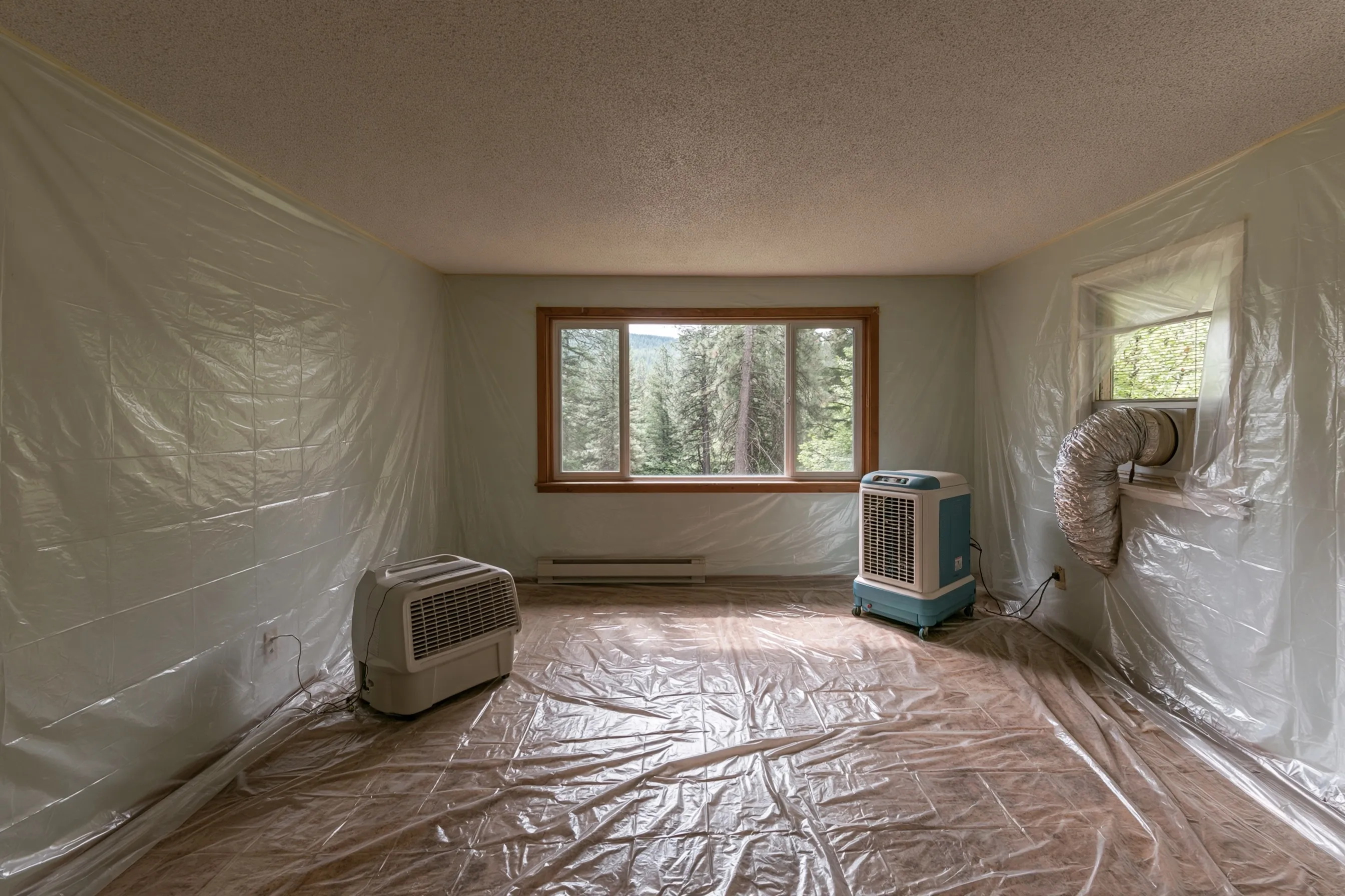 Small bedroom stripped of furniture, bumpy textured ceiling, walls and floor under plastic and a filter machine ducted out the window