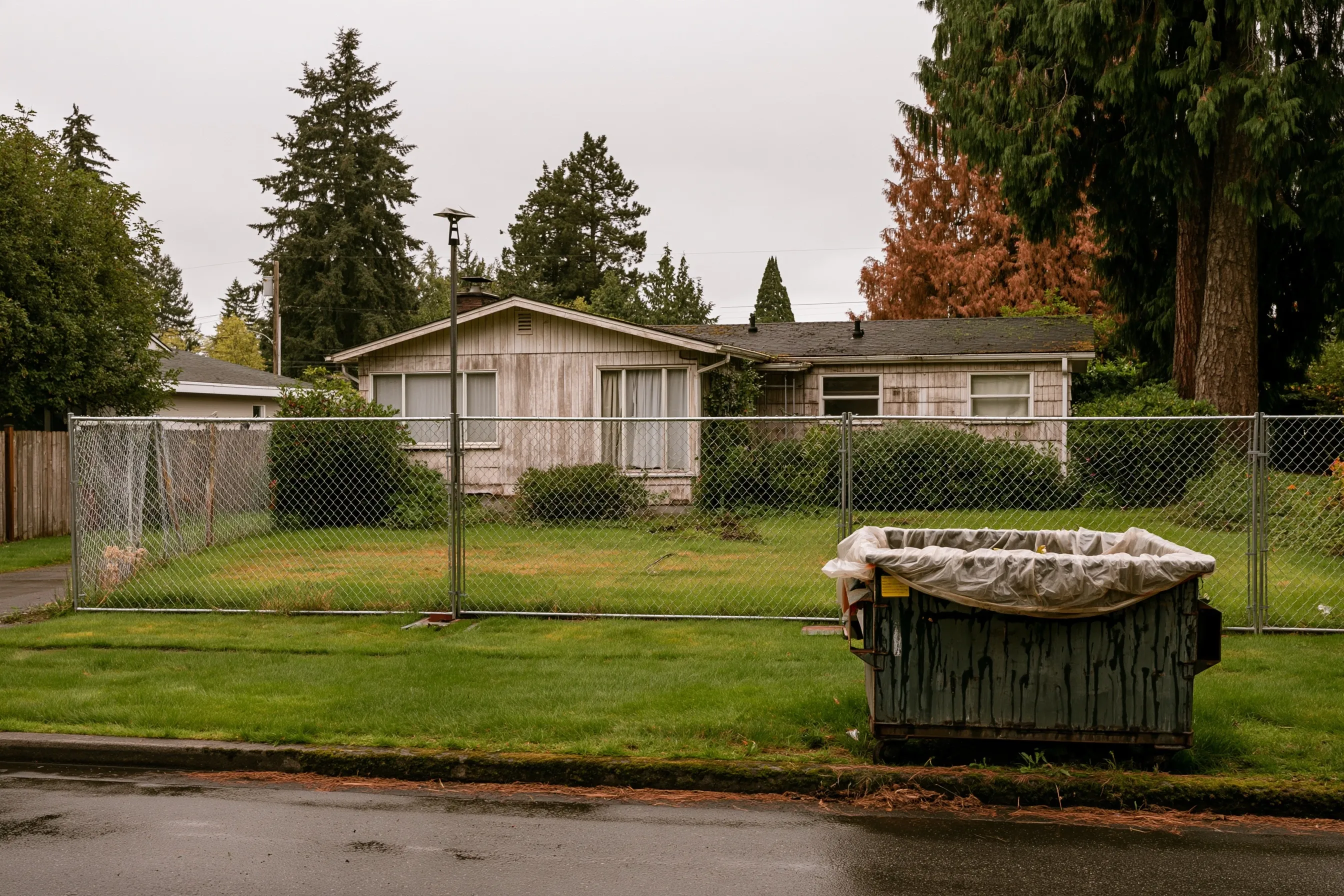 Small 1950s rambler behind a construction fence with an overgrown yard and a plastic-lined dumpster at the curb